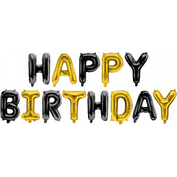 Набор шаров-буквы Happy Birthday, Черный, Золото (41см высота буквы) Набор шаров-буквы Happy Birthday, Черный, Золото (41см высота буквы)