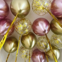 Шарики с дождиком Хром золото, розовые, с конфетти