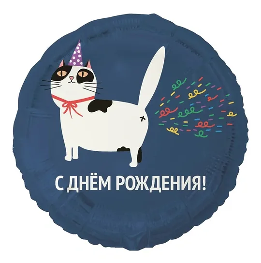 Шар круг С Днём Рождения Кот пукающий конфетти (45см)
