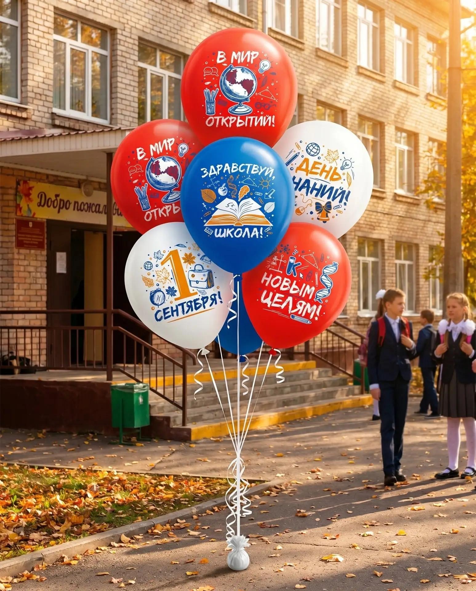 Шарики на 1 сентября, белый,синий, красный